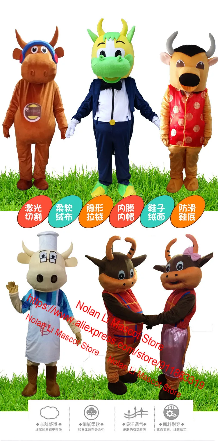 High Quality Cow Mascot Costume 9 Style Bull Calf Milk Fancy Dress Cartoon Set Cosplay Adult Size Halloween Party Event 1173