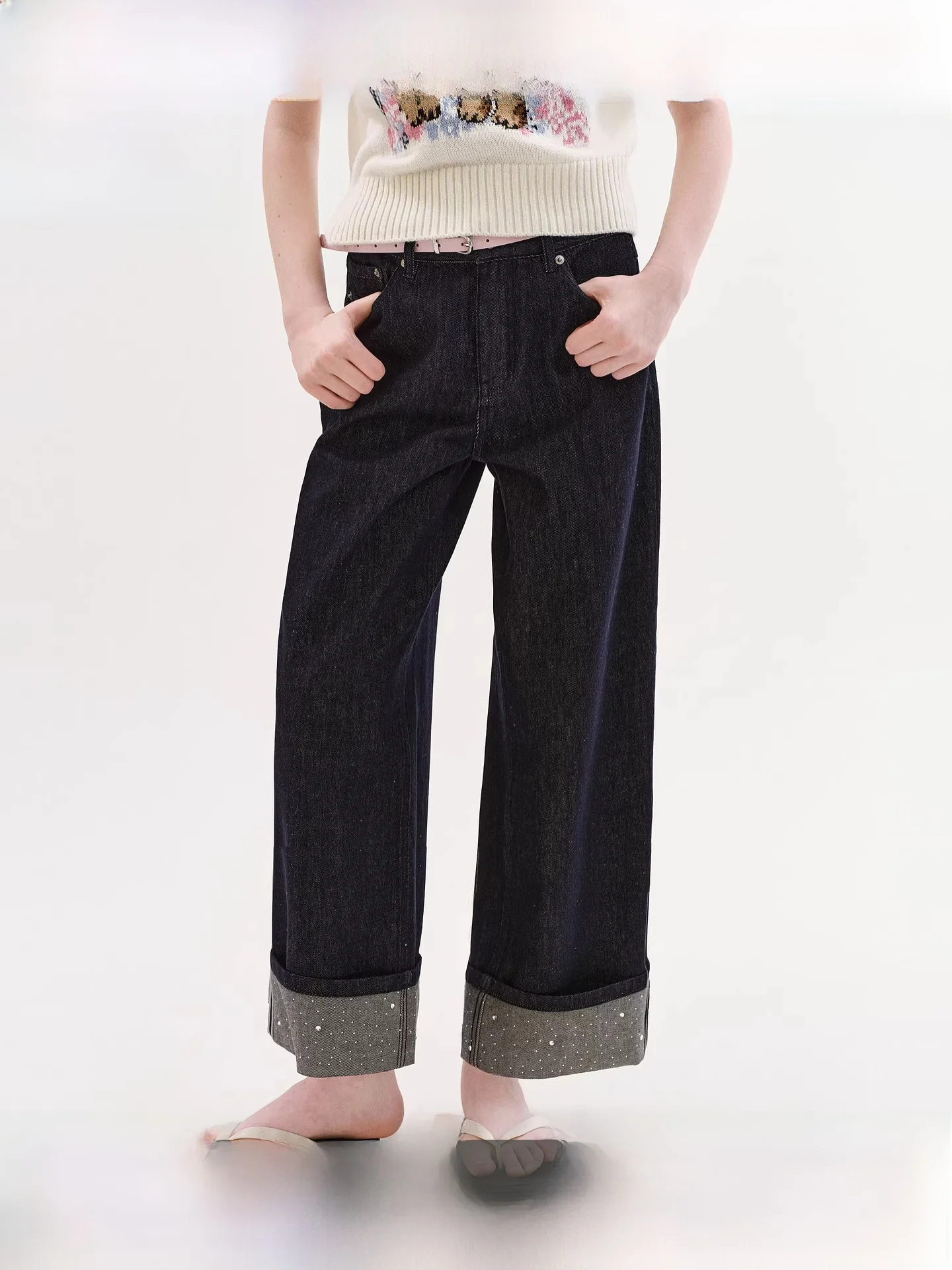 

Fano Retro Classic Wide Leg Nine Pants Women's Summer New mid Waist Cuffed Rhinestone Denim Jeans Commute Style Cotton Blend