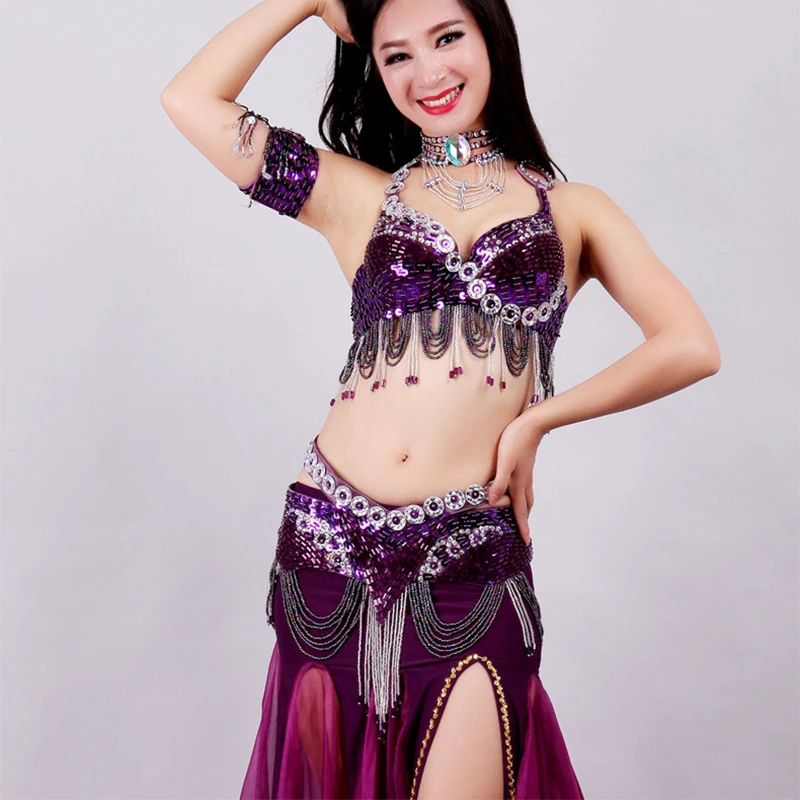 

New Adult Lady Women Sequins Belly Dance Costume Set Oriental Belly Dancing Suite Belt+Bra Samba Costumes Bellydance Wear Outfit