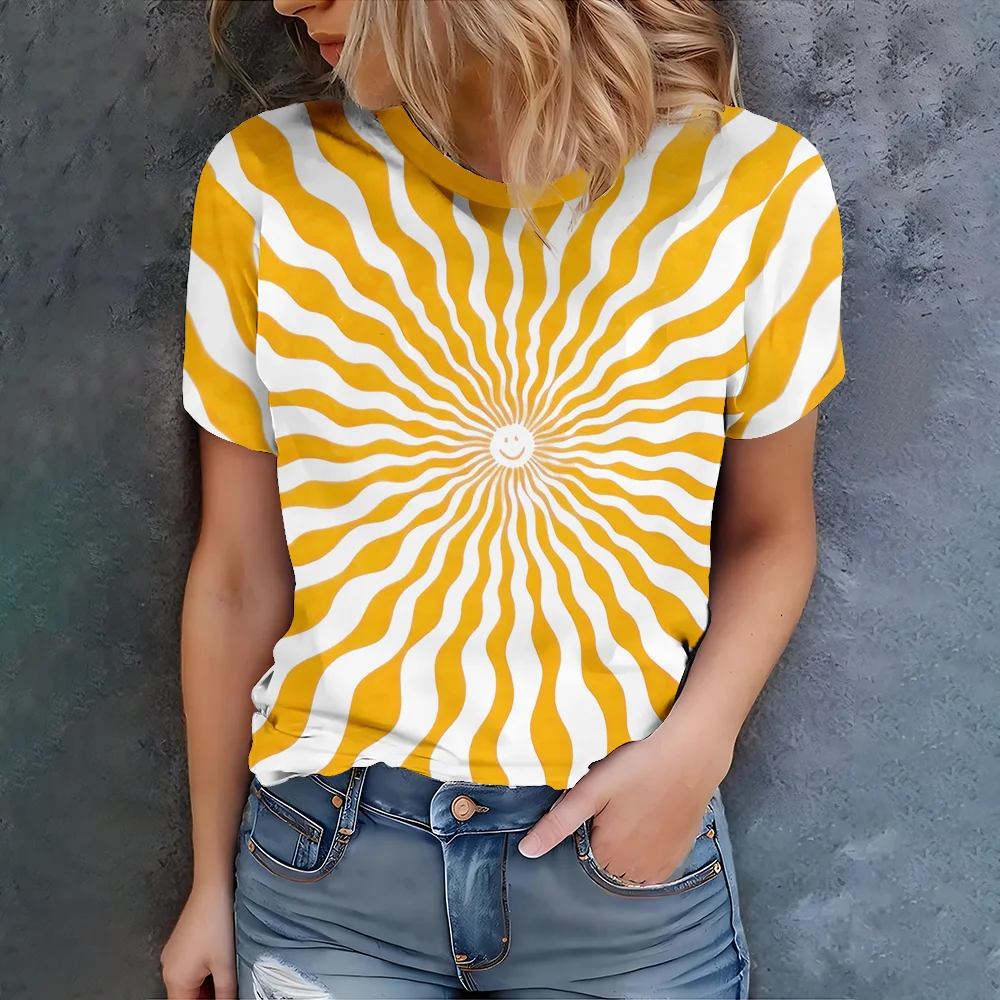 

Women's Yellow And White T-shirt with Smiling Sun Pattern - Summer Casual Style Round Neck Short Sleeve
