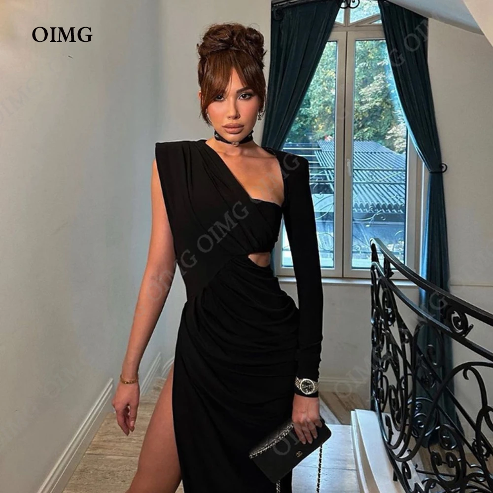 OIMG Black One Sleeve Women Celebrity Cocktail Dresses Sexy Slit Prom Dress Custom Stretch Satin Formal Evening Gowns 2024