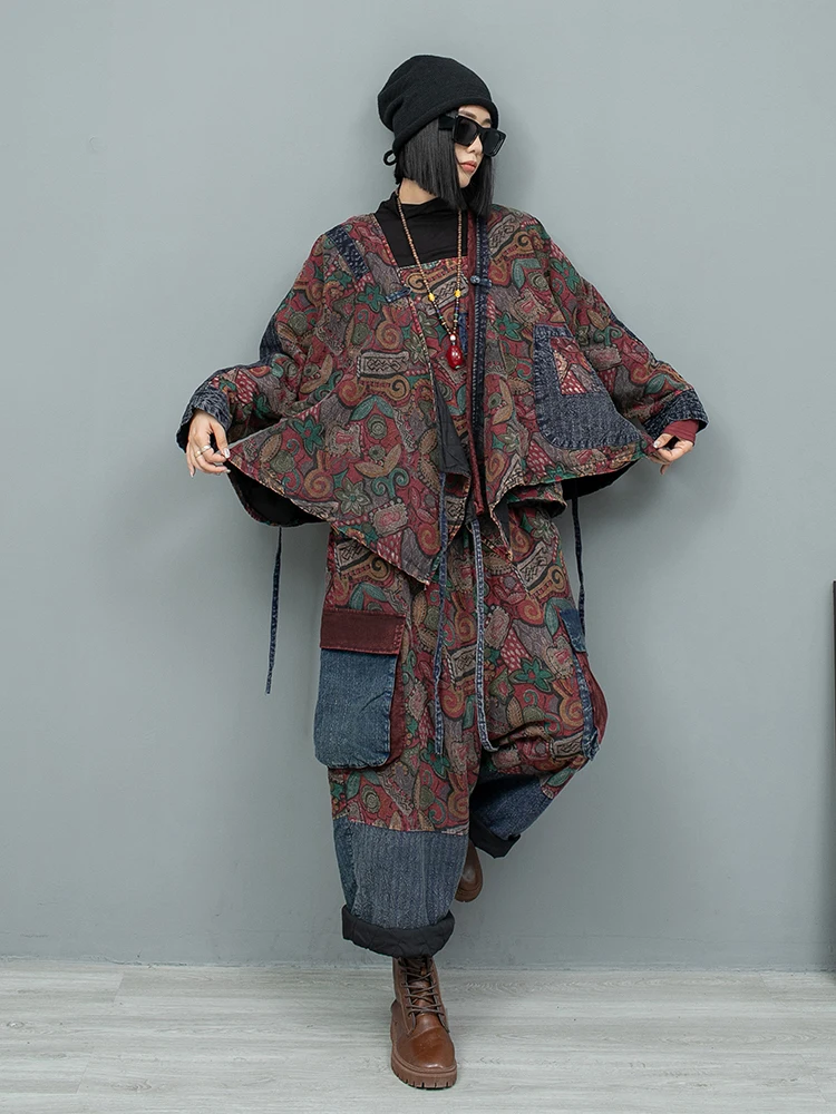 Printed Linen Patchwork Old Cloth Strap Cotton Coat + Cotton Pants Two-piece Set Women 2024 Winter Artistic Loose Outfit LX2518