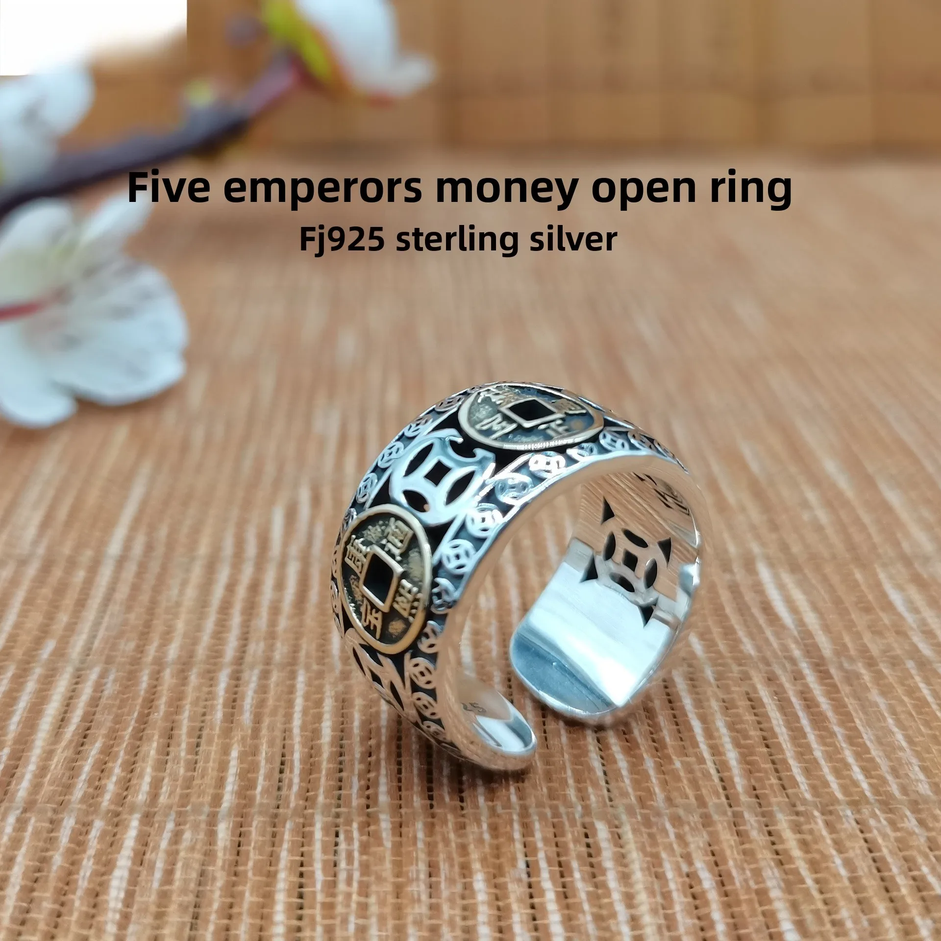 

Five Emperor Coin Ring – 925 Sterling Silver Men's Money Ring Adjustable Open Ring