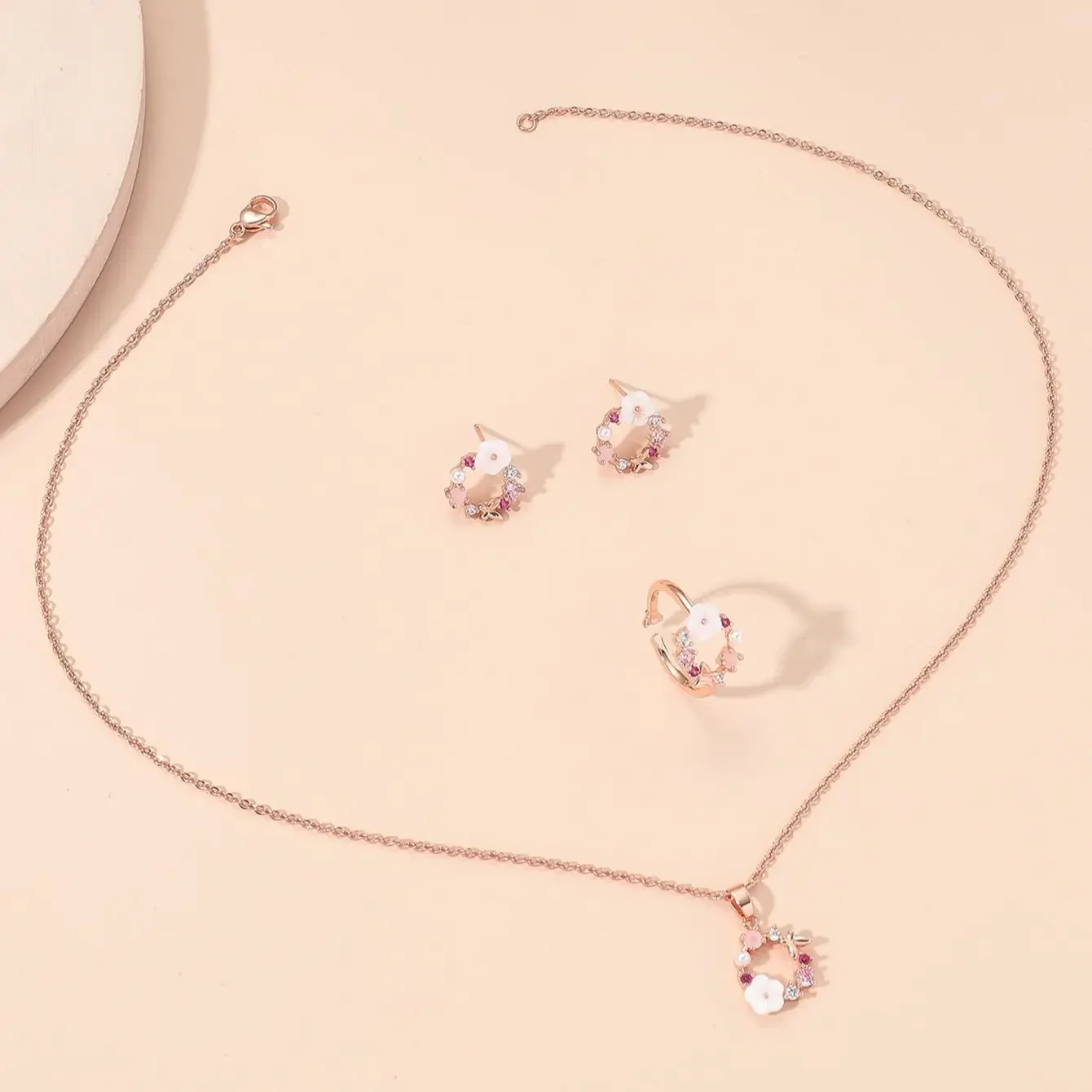 4 Pieces Rose Gold-color Lady Flower Fashion Accessories Zircon Simple Ornate Exquisite Necklace Ring Earrings Jewelry Set