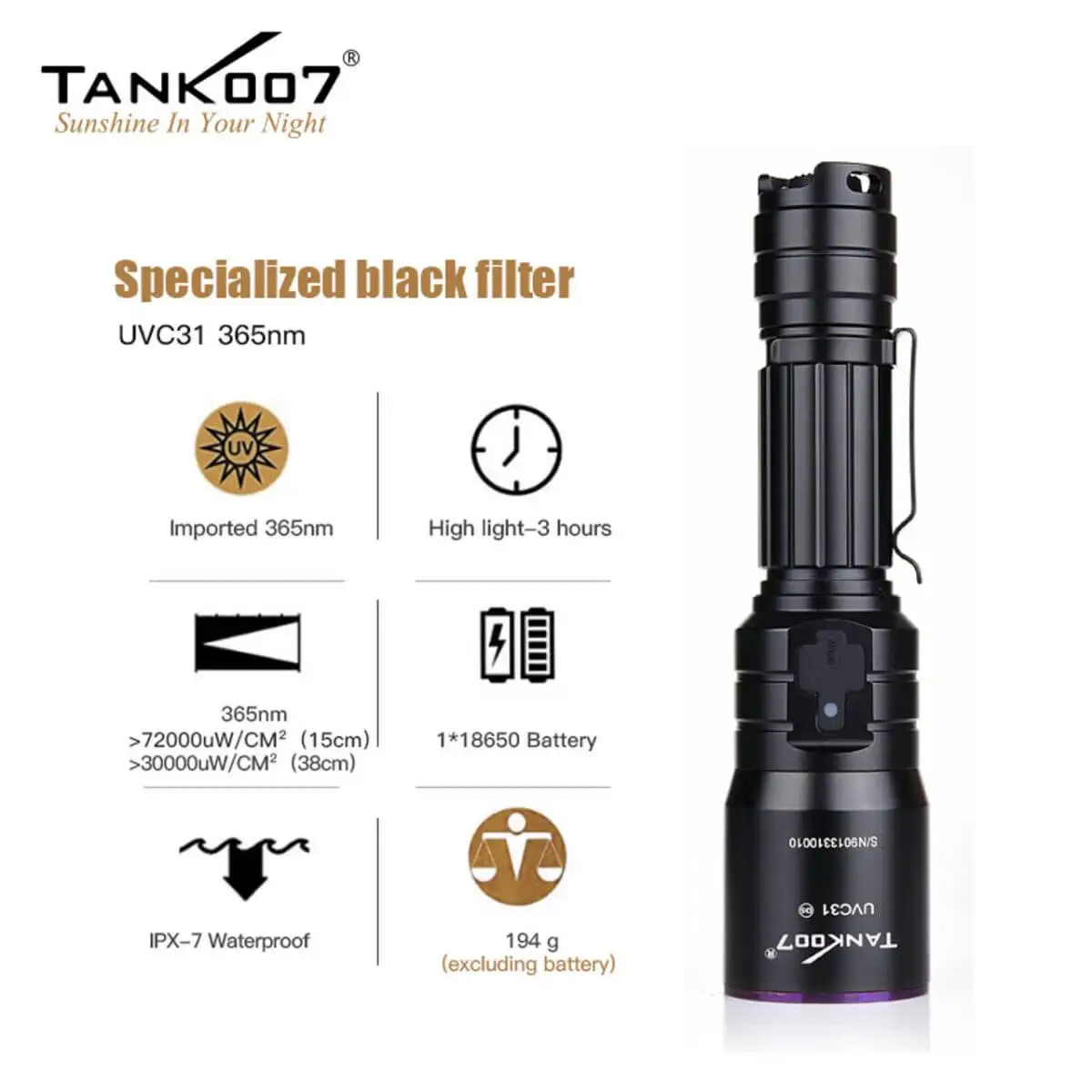 TANK007 UVC31 NDT Nichia UV LED Flashlight