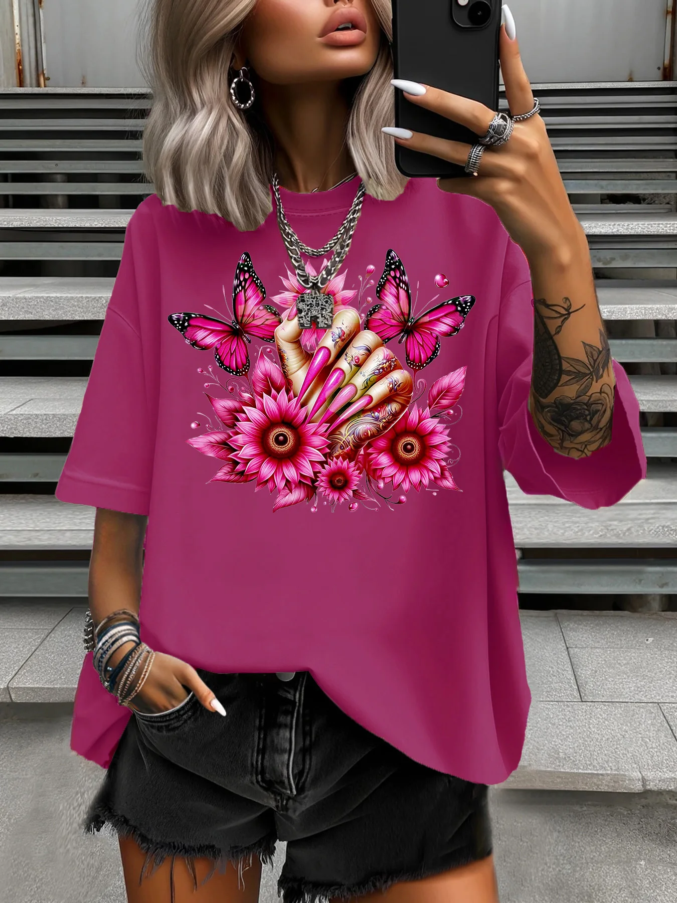 

Summer Women's Plus Size T-Shirt Original Design Colorful Flowers Butterfly Printed Women's Casual Round Neck Short Sleeved Tops