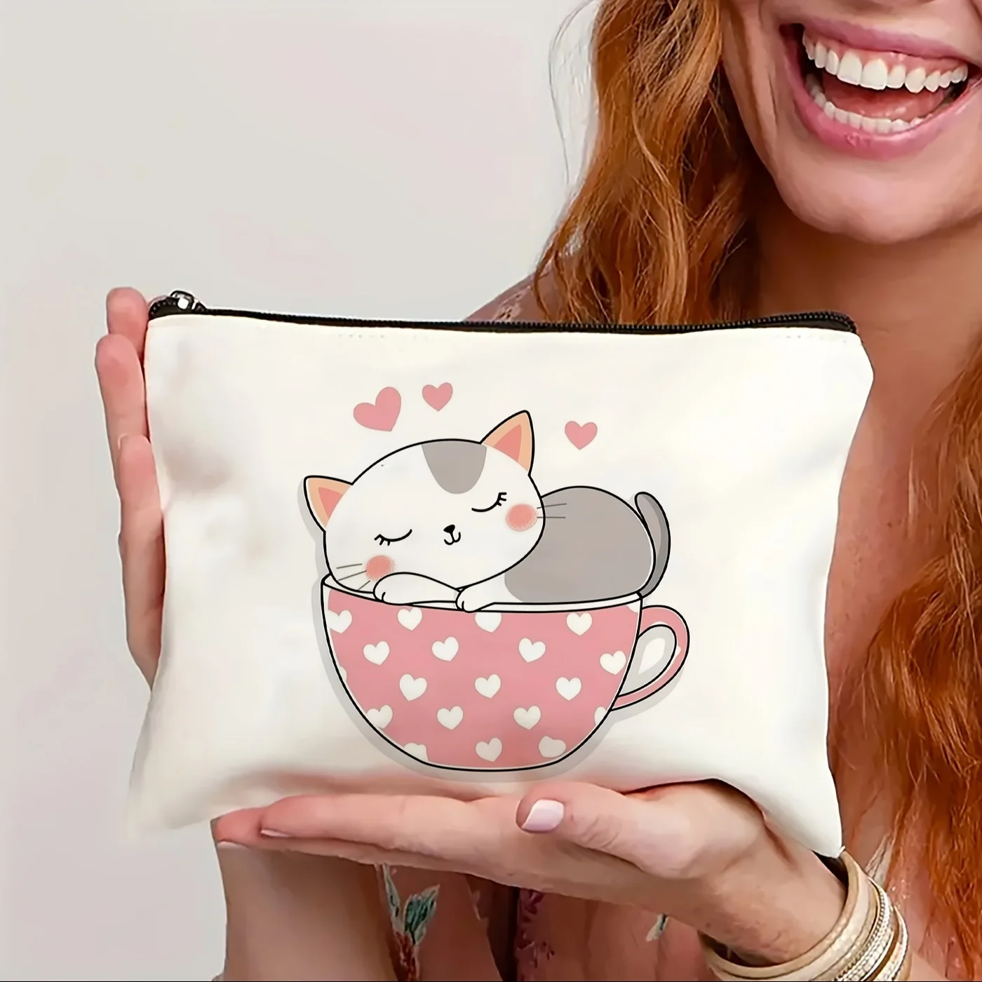 Eine süße Make-up-Tasche mit Katzen-Kaffeetasse-Aufdruck – multifunktionale Reißverschlusstasche, Schmuck-Aufbewahrungstasche, perfekte Reise-Reißverschluss-Kleiner Aufbewahrung