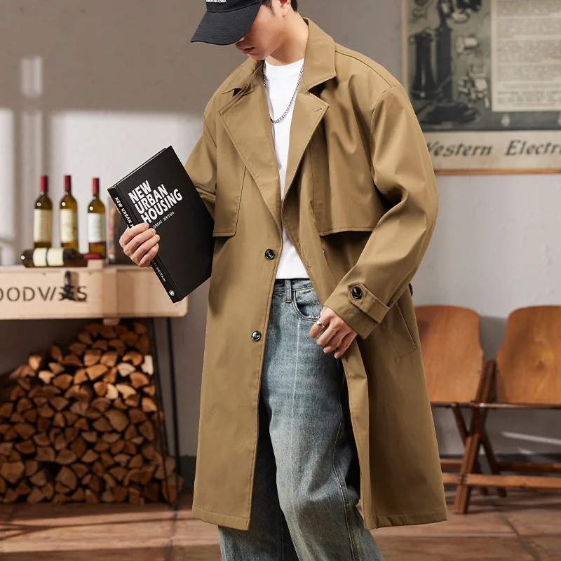 

Trench Coat Man High Quality Balmacaan Coatwoolen British Autumn Demi-Season Single-Breasted Lapel Buttons Belted Windproof Cool