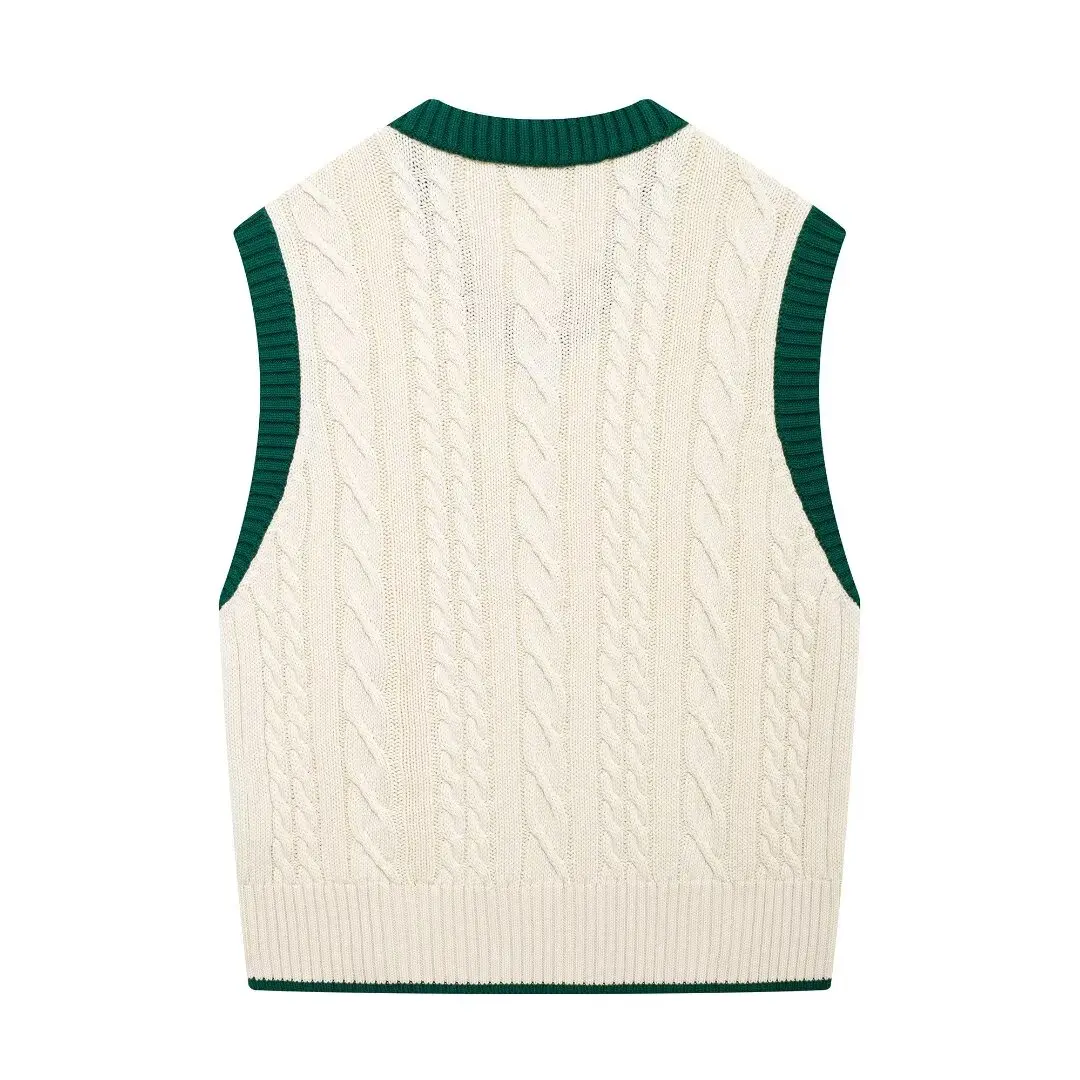 PB&ZA-Cable Rope Pattern Knitted Vest for Women, Vintage Sweater, Casual Female Waistcoat, Chic Tops, New Fashion, 2024 Autumn