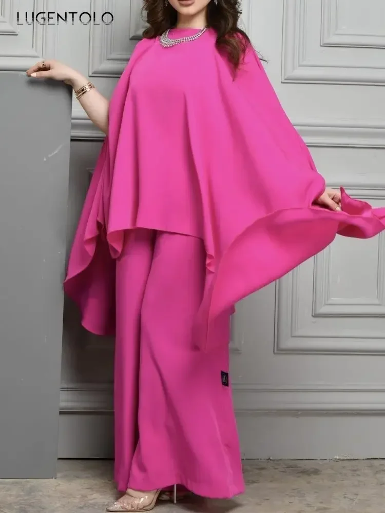 Women Temperament Robe Pants Sets Middle East Loose Top Elegant Spring Summer Pullover Wide-leg Trousers Pink Two-piece Set