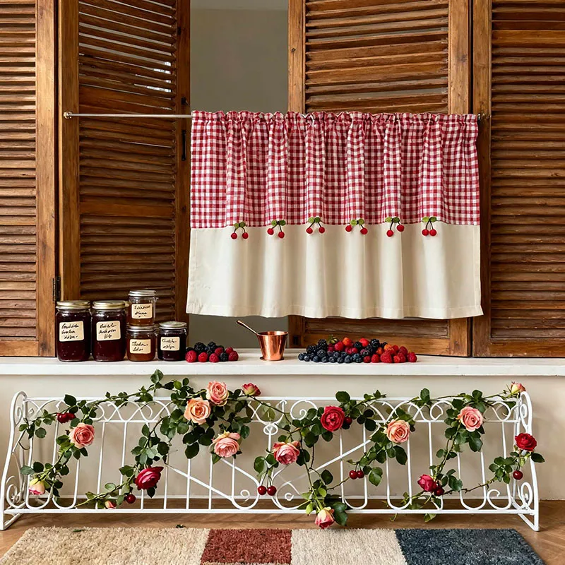 1PC Japanese and Korean Classic Plaid Cafe Curtain Red Cherry Decor Half Blackout Short Curtain For Living Room Bedroom Kitchen