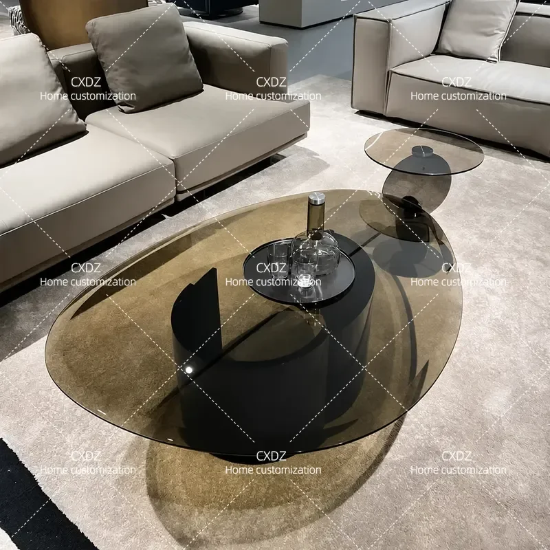 Pure Handmade Light Luxury Stainless Steel Oval Tempered Glass Coffee Table Set Modern Creative Home Living Room Furniture