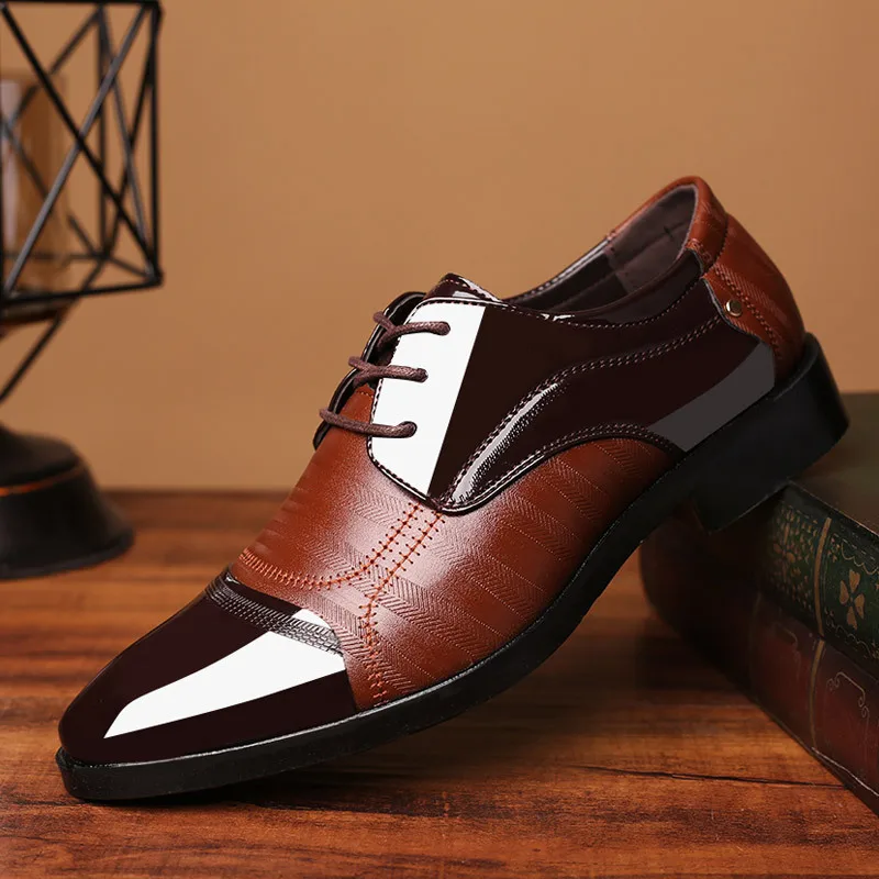 Spring New Men's Gentleman Casual Leather Shoes Business Formal Attire Large Size Shoes Patent Leather Splice Lace Up Shoes Men