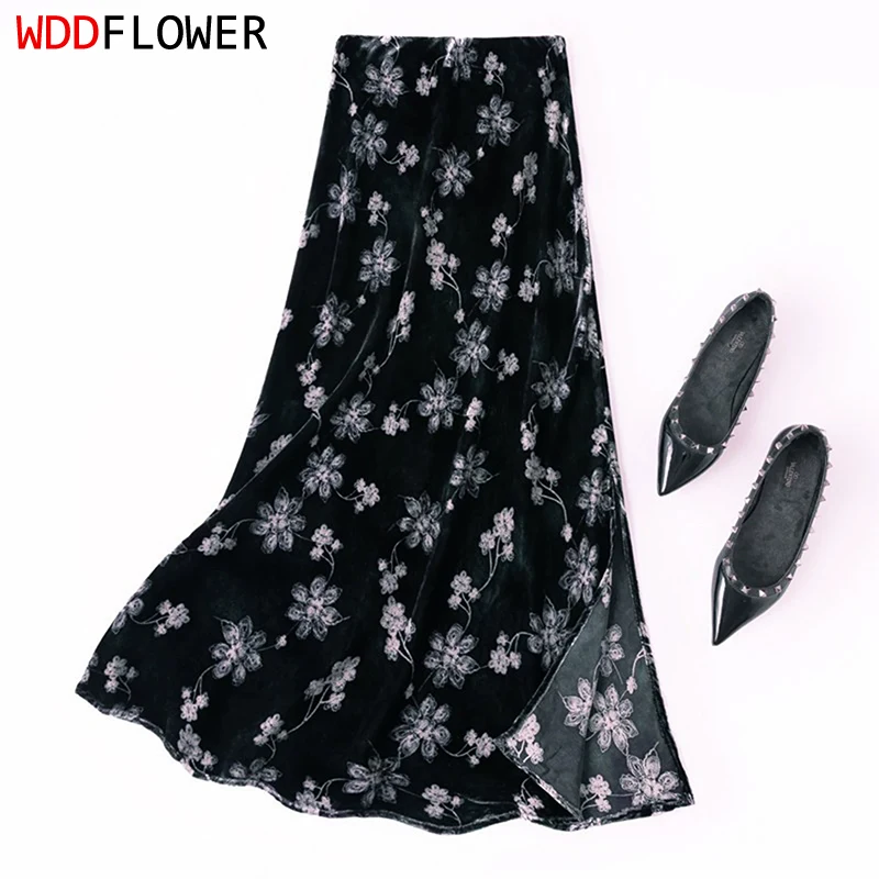100% Mulberry Silk Lining Velvet Silk Women Midi Bodycon Skirt Floral Printed Pencil Skirts Autumn 2026 M1750