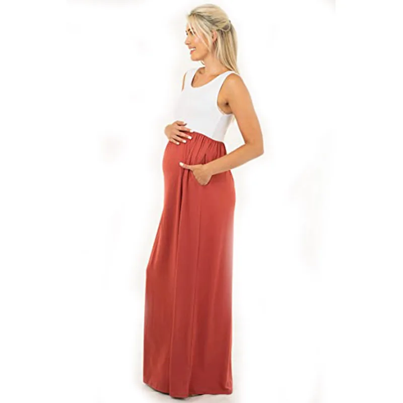 New Summer Casual Dresses For Pregnant Ladies Premama Contrast Color Beachwear Maxi Dress Maternity Gown Pregnancy Women Clothes