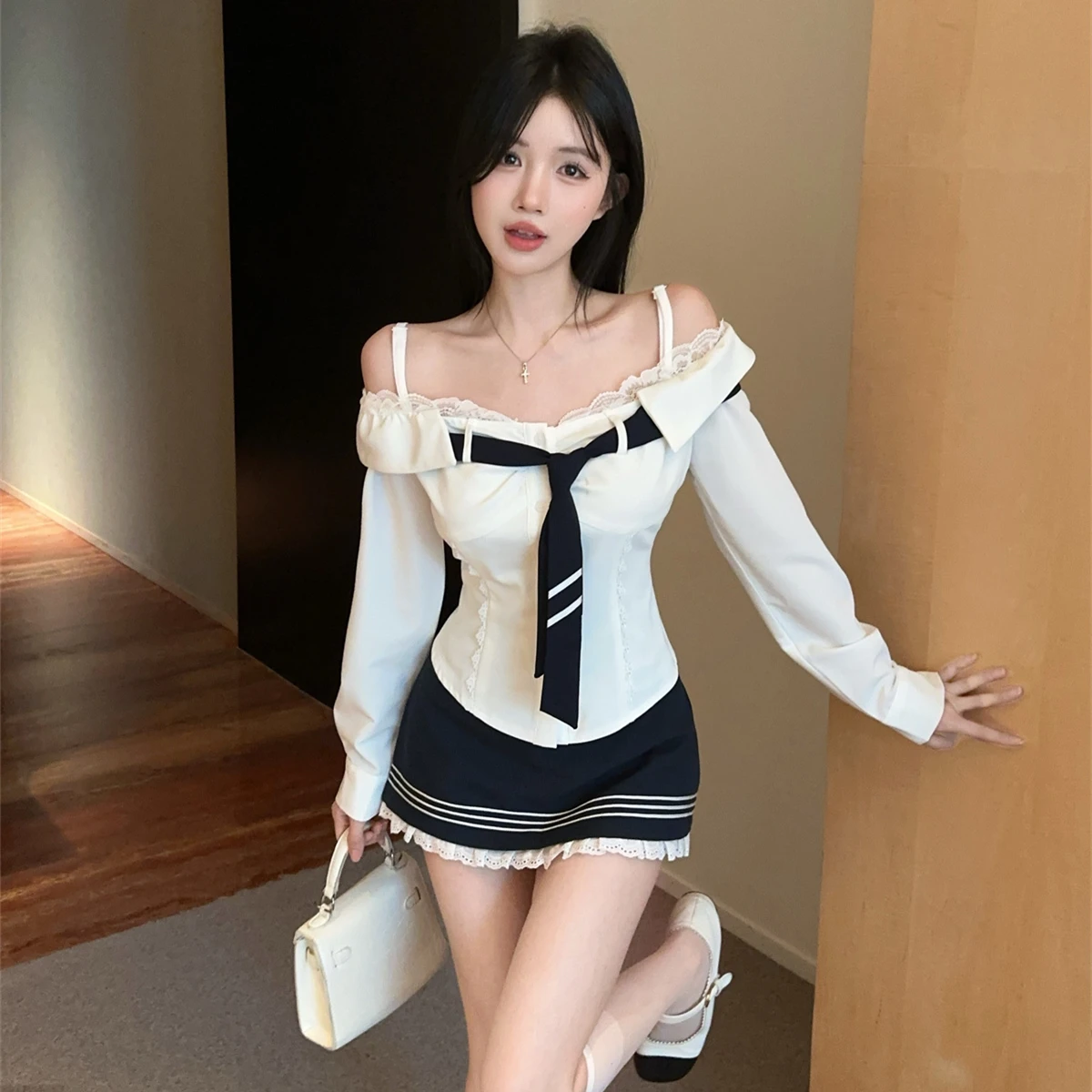 

Sexy School orm Jk Outfit Long Sve One oulder irt with Bow Tie Bodycon ort Юбка Комплект из двух предметов для женщин Осенний ...