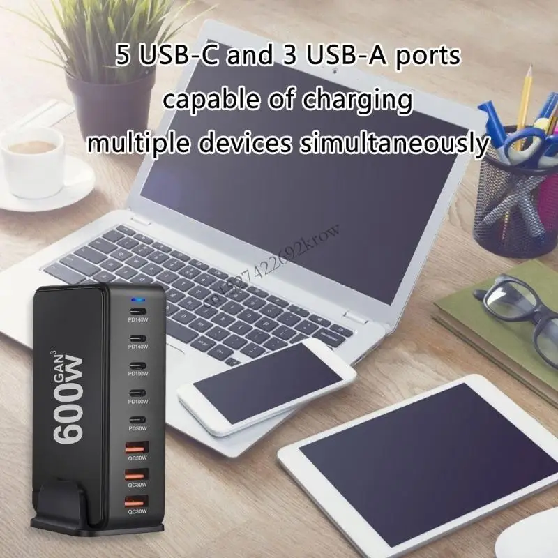 8-Port 500/600W USB C & a Fast Charging Desktop GaN Charging Station for Phones & Tablets High Power Adapter Charger Dock