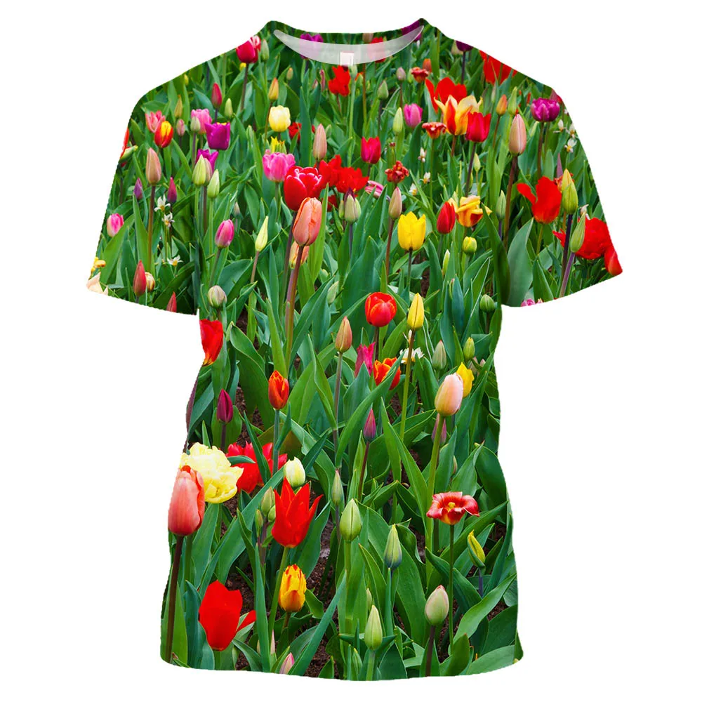 Summer Fashion New Plant Flowers graphic t shirts For Unisex Casual Personality Rose Pattern Printed O-neck Short Sleeve Tee Top