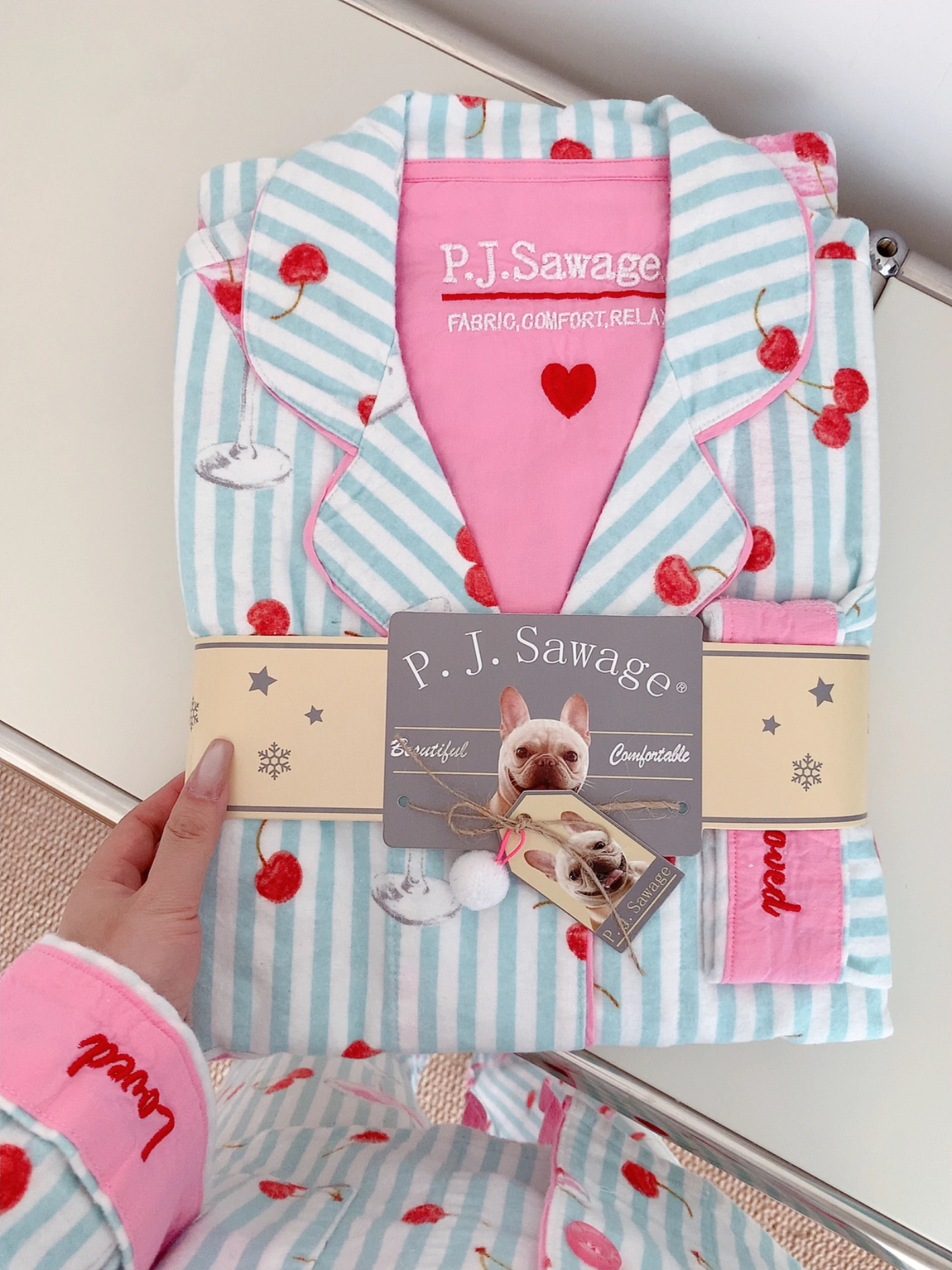 pure-cotton-flannel-pj-set-for-women-comfortable-home-clothes-cherry-pattern-long-sve-long-pants-sweet-sle-autumn-winter