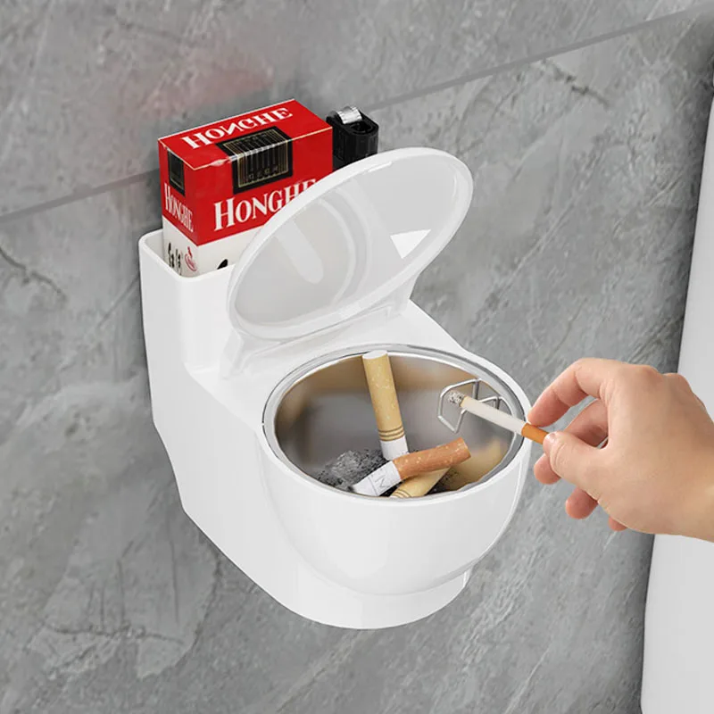 Wall-mounted Ashtray Toilet shaped Ashtray With lid Funny Bathroom Decorative Plastic Multi-function Ash Tray For Home Men Gifts