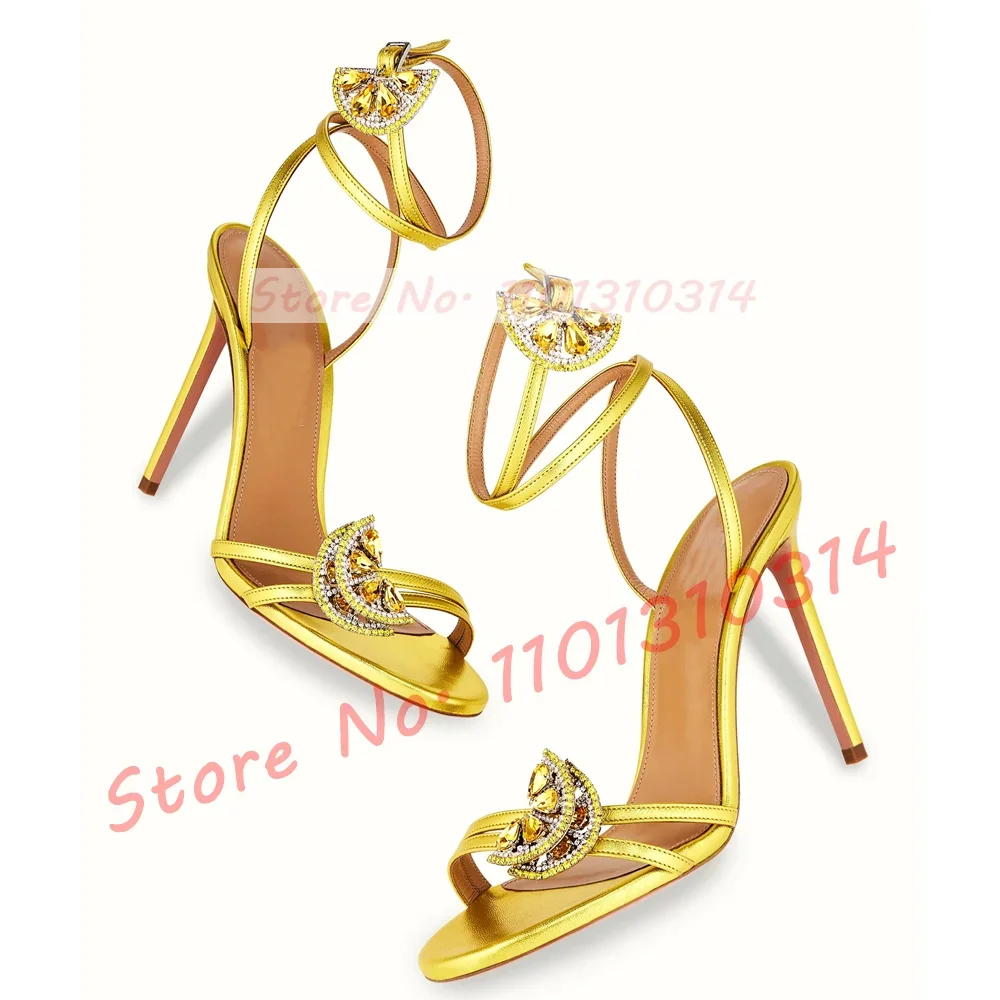 Gold Jewel Lemon High Heels Sandals Women Luxury Metallic Cow Leather Stiletto Sandals Ladies Trendy Crystal Evening Dress Shoes