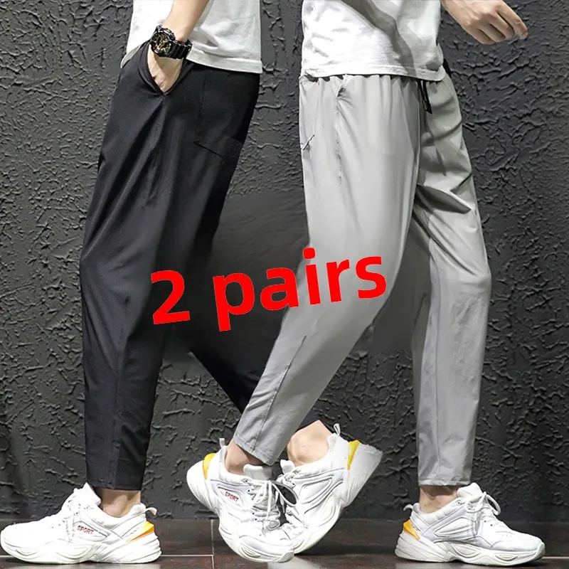 Ultra-Thin Summer Ice-Silk Loose Fit Casual Pants for Men Qui-Drng plus Size Straight Leg Spor Leisure Trousers