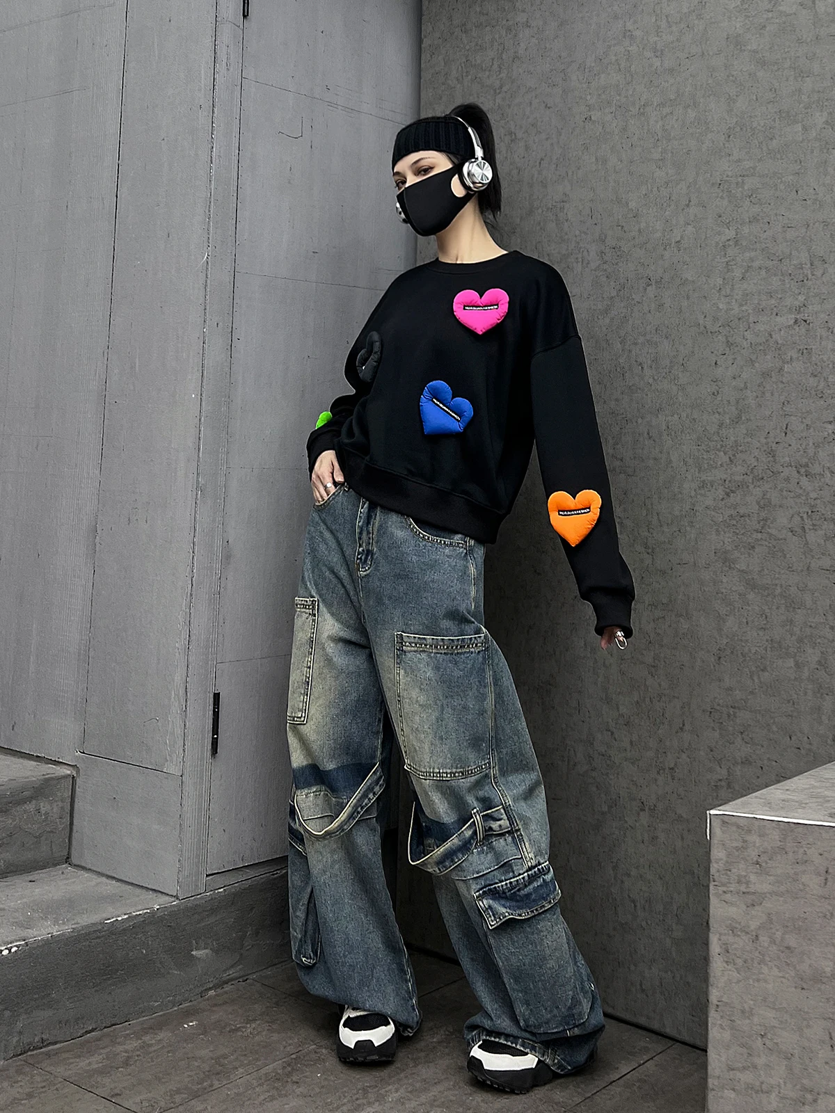 

M-Home Trendy Brand Cool And Fre Spring Outfit Set Women's ort Sweatirt Denim Workwear Wide Leg Pants Two Piece Set