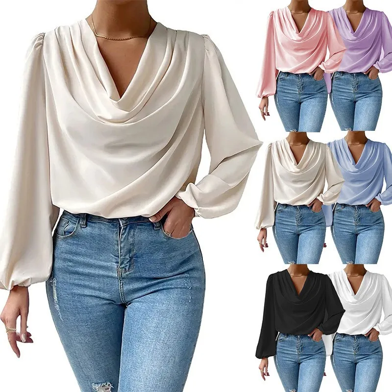 Women's Loose Fit Cowl Neck Puff Sleeve Long Sleeve Solid Color Ruffle Casual Pullover Blouse for Women Blusas Para Mujer