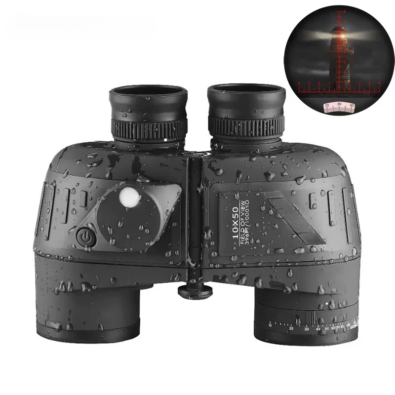 Binoculars 10x50 Marine Military Telescope Adults Waterproof With Rangefinder Compass BAK4 Prism HD Bird Watching For Hunting