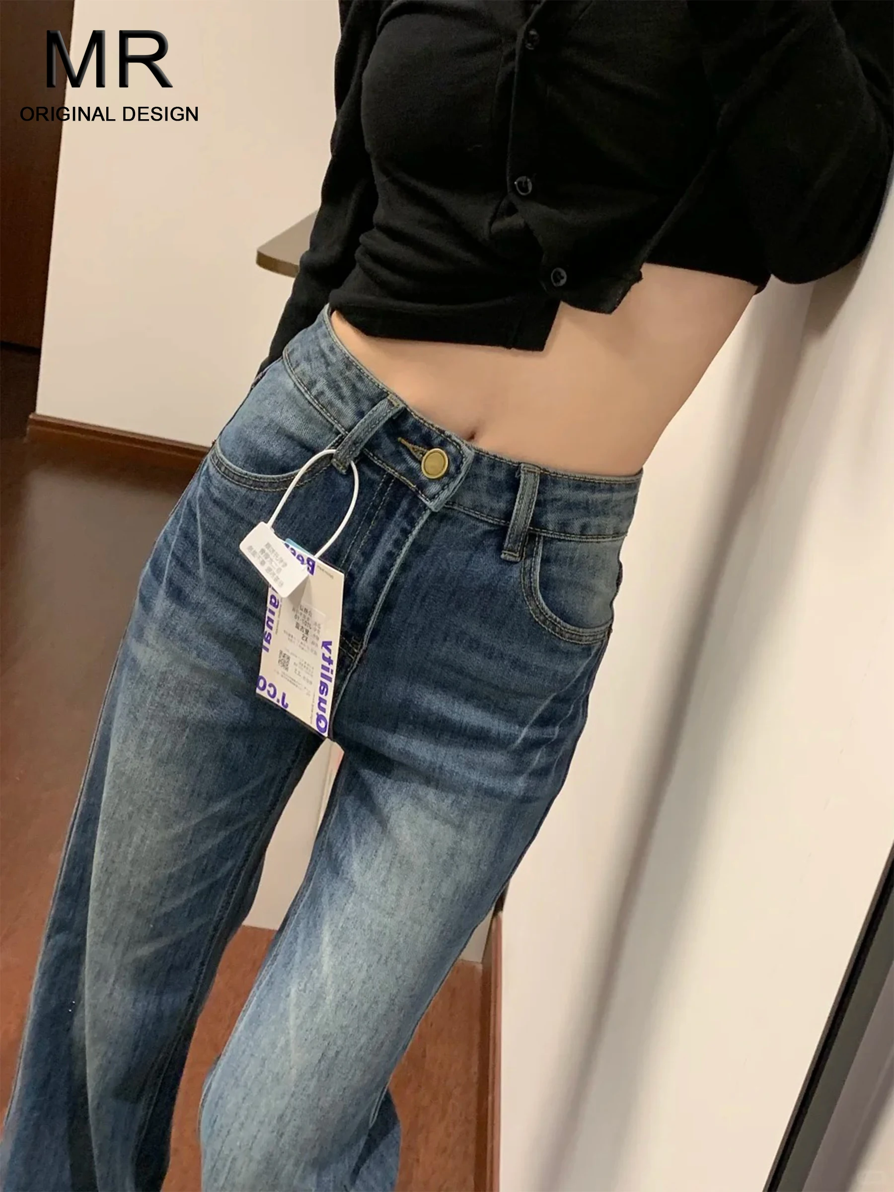 

Американские джинсы-клеш в стиле ретро с принтом лап, синие, женские, новинка 2026 года, летние, утягивающие, с высокой талией, повседневные