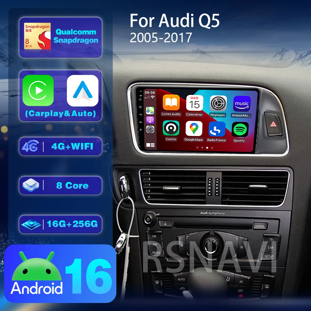 Android 16 For Audi Q5 2005 - 2016 2017 Carplay Auto Car Radio with Wireless CarPlay Multimedia steering wheel app control
