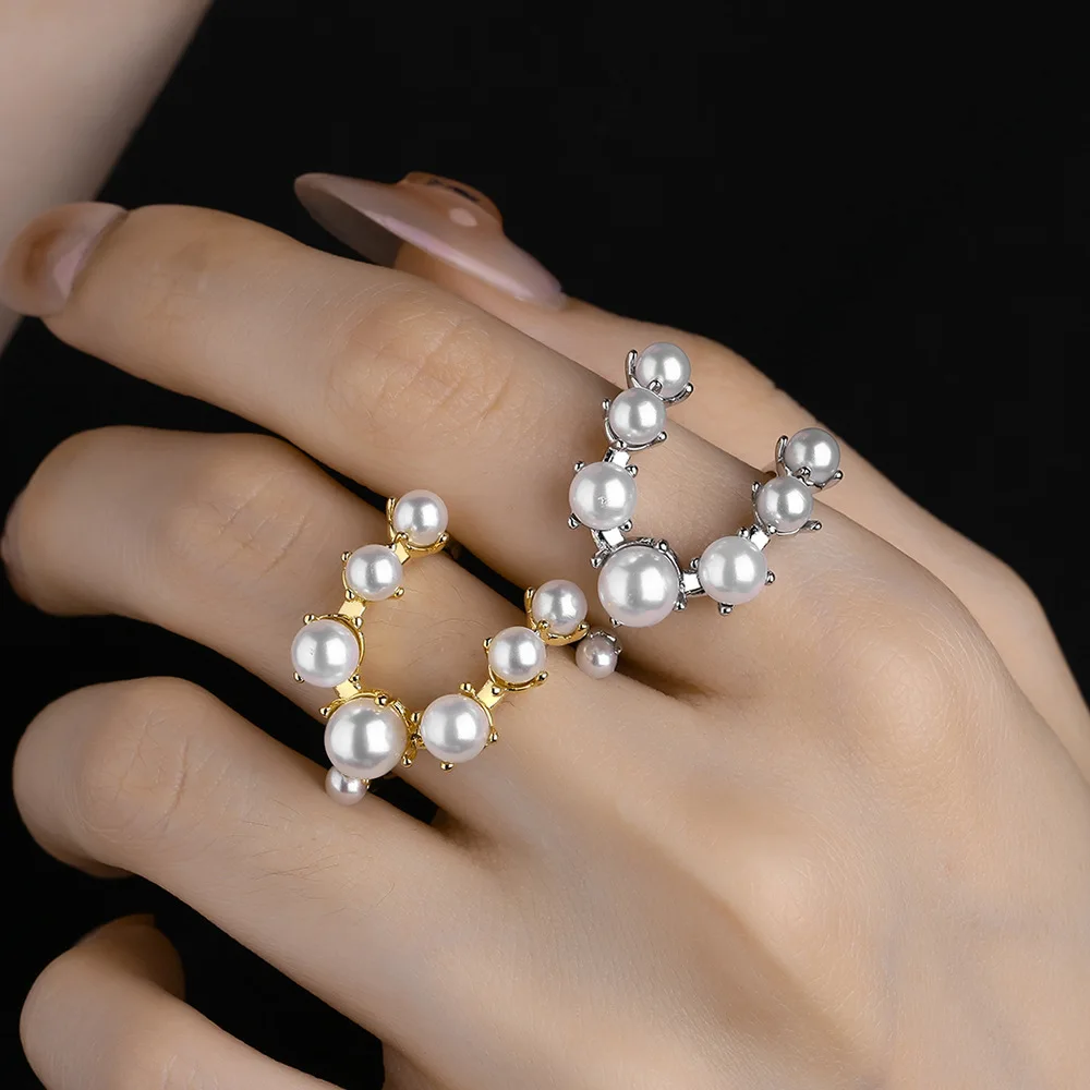 Open Ring Women's Sweet and Romantic Pearl Double Layer Hand Ornament Ring with Alive Geometry and Pearl Inlay