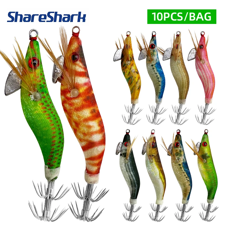ShareShark - Paquete de 10 señuelos de pesca luminosos de madera con forma de camarón, señuelo para calamar y pulpo, ojos 3D, señuelo duro para calamar