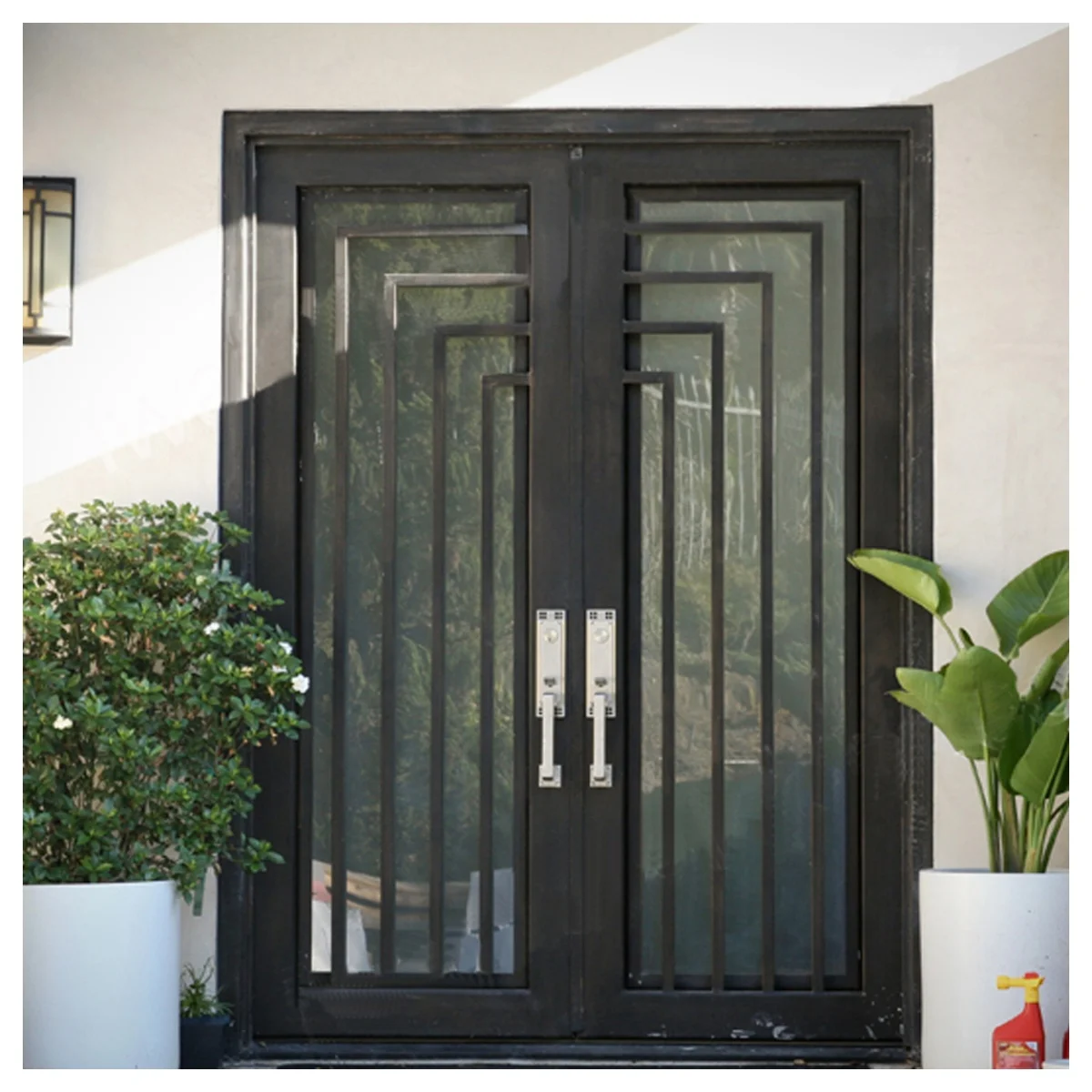 Custom Villa Wrought Iron Double Door Steel Glass Front Door Design