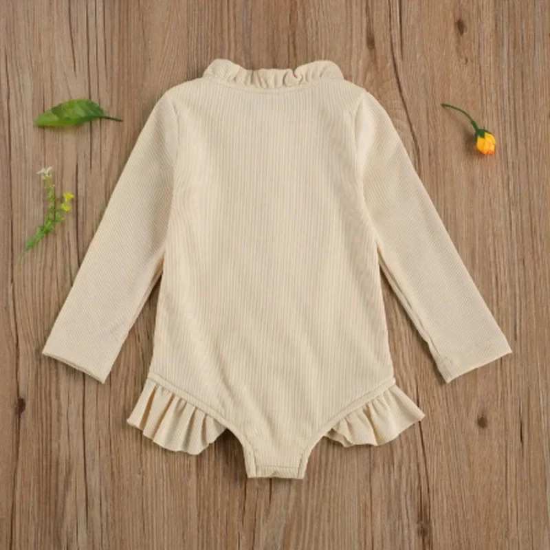 Toddler Kids Baby Girls Swimwear Clothes Knitted Front Zipper Long Sleeve Ruffles Summer Swimsuit Jumpsuit Bathing Swimming Suit