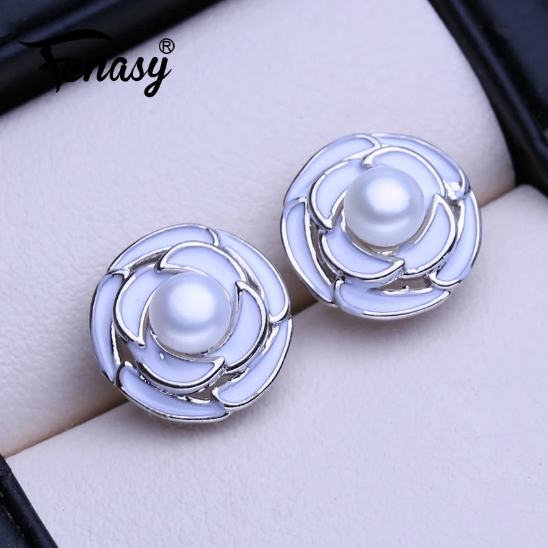 FENAS Natural Freshwater Pearl Earrings For Women Fashion Silver Color Flower Stud Earrings Wedding Jewelry