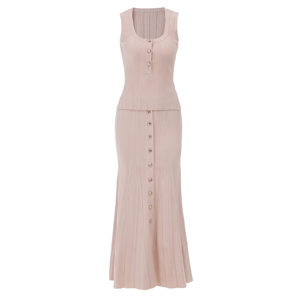 

Summer 2025 New Women's Knitted Top 2 Piece Set Solid Elegant O-Neck Sleeveless Fashion Buttons A-Line Skirt Sets Female