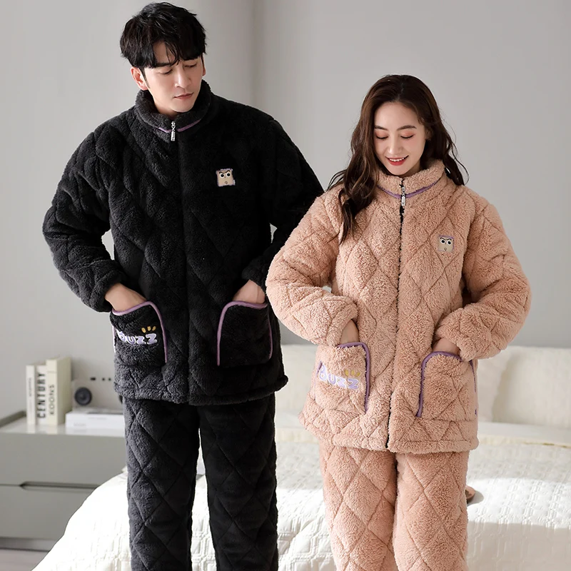 High Quality Winter Couple Pajamas Set 3 Layer Clip Cotton Pyjamas Lovers Thick Warm Home Clothing