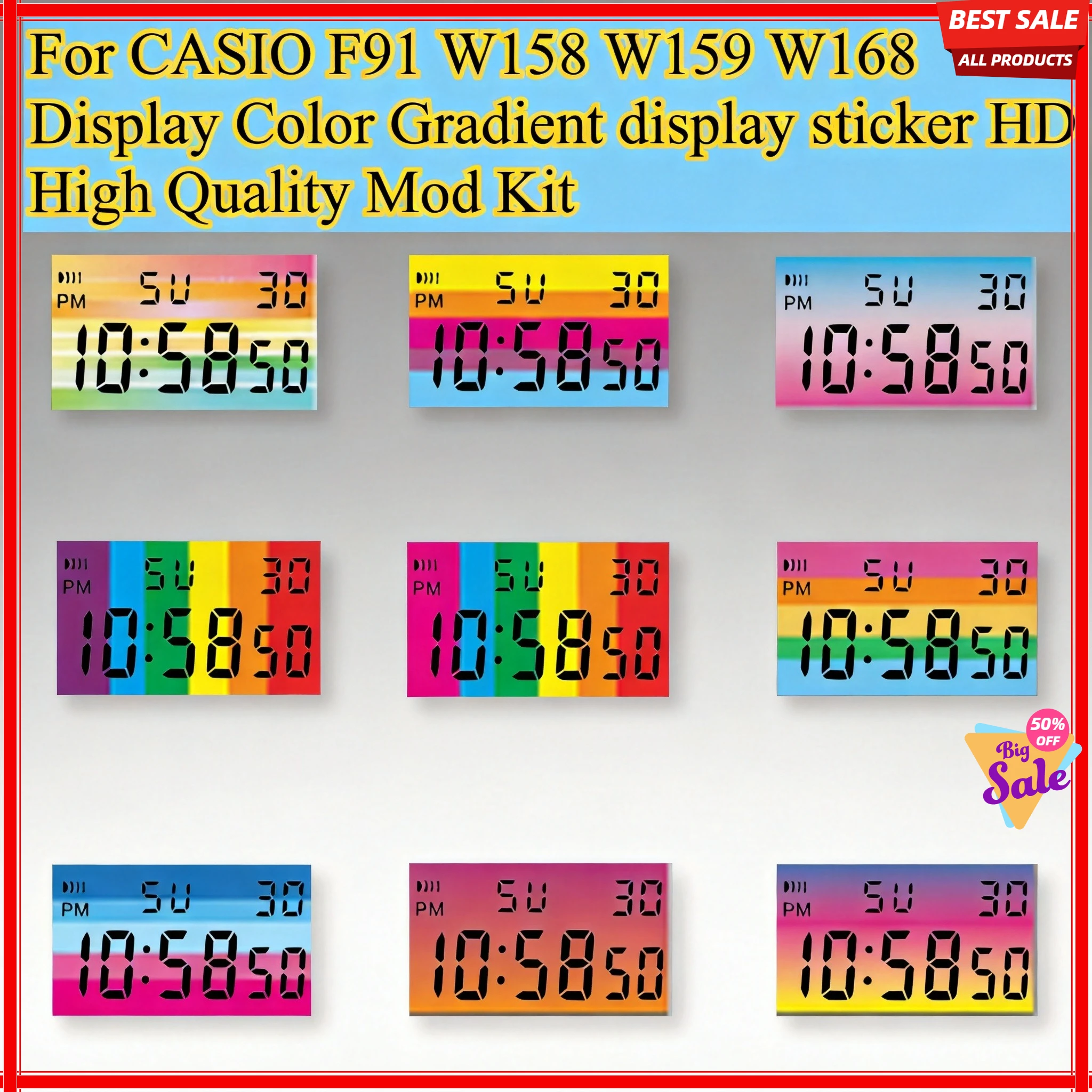Für Casio F91W W159 W158 W169 Display-Bildschirm-Aufkleber Gradueller HD-Bildschirm Farbwechsel-Folienaufkleber Modifizierungs-Zubehör