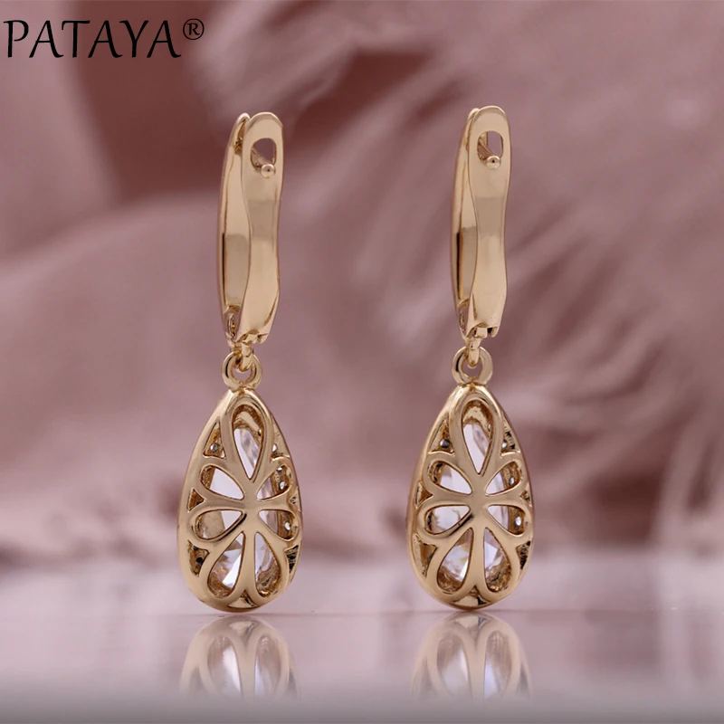 PATAYA 2024 New Champagne Gold Color Drop Earrings Pendant Necklace Rings Hollow Set Luxury Anniversary Gift Women Jewelry Set