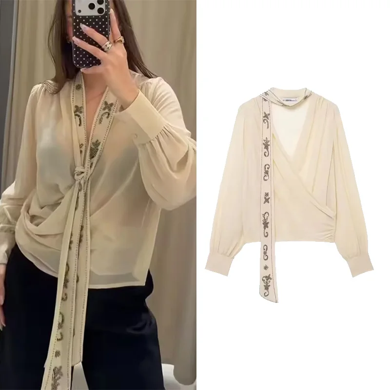 

Весенняя женская рубашка с шарфом и галстуком из бисера, модные женские полупрозрачные блузки с v-образным вырезом, плиссированные рубашки на плечах, женские шикарные топы