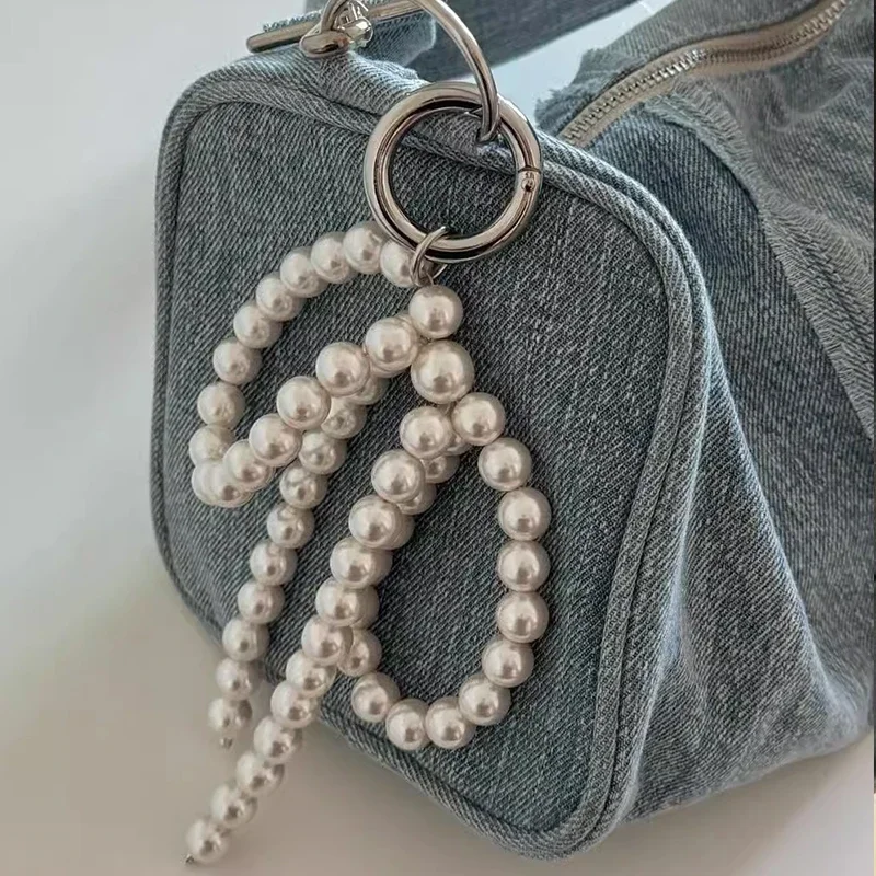 Korean Fashion Imitation Pearl Beaded Bow Key Chain Pendant for Women Girls Delicate Ornament Decoration for Bags and Phones