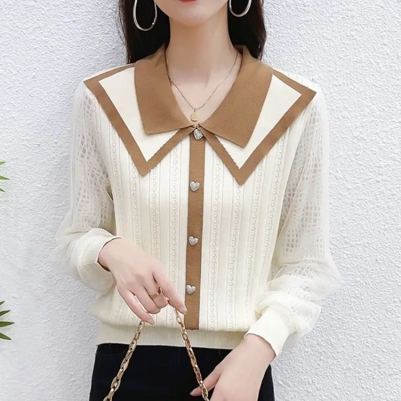 Hollow Out Lantern Long Sleeve Peter Pan Collar Solid Color Pullover T-shirt Sweater Knitted Spring Autumn Casual Fashion Tops