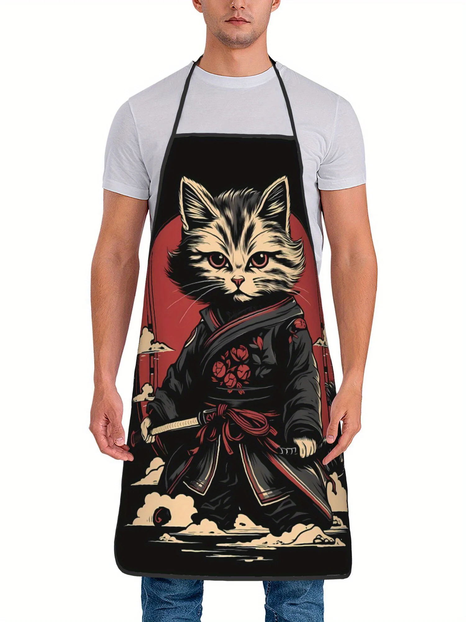 Cool Samurai Cat Apron, Japanese Warrior Kitten Graphic Cooking Bib, Anime Style Kitchen Decor, Novelty Gift for Men
