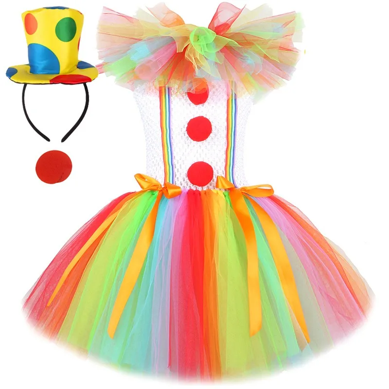 Girls Rainbow Clown Themed Tulle Tutu Dress Set Kids Fancy Costume For Halloween Children's Day Carnival Birthday Party Stage