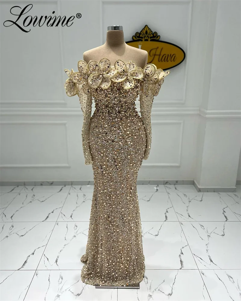 Champagne Arabic Evening Dresses 2024 Long Sleeves Full Beading Handmade Flower Mermaid Wedding Party Dress Crystals Prom Gowns