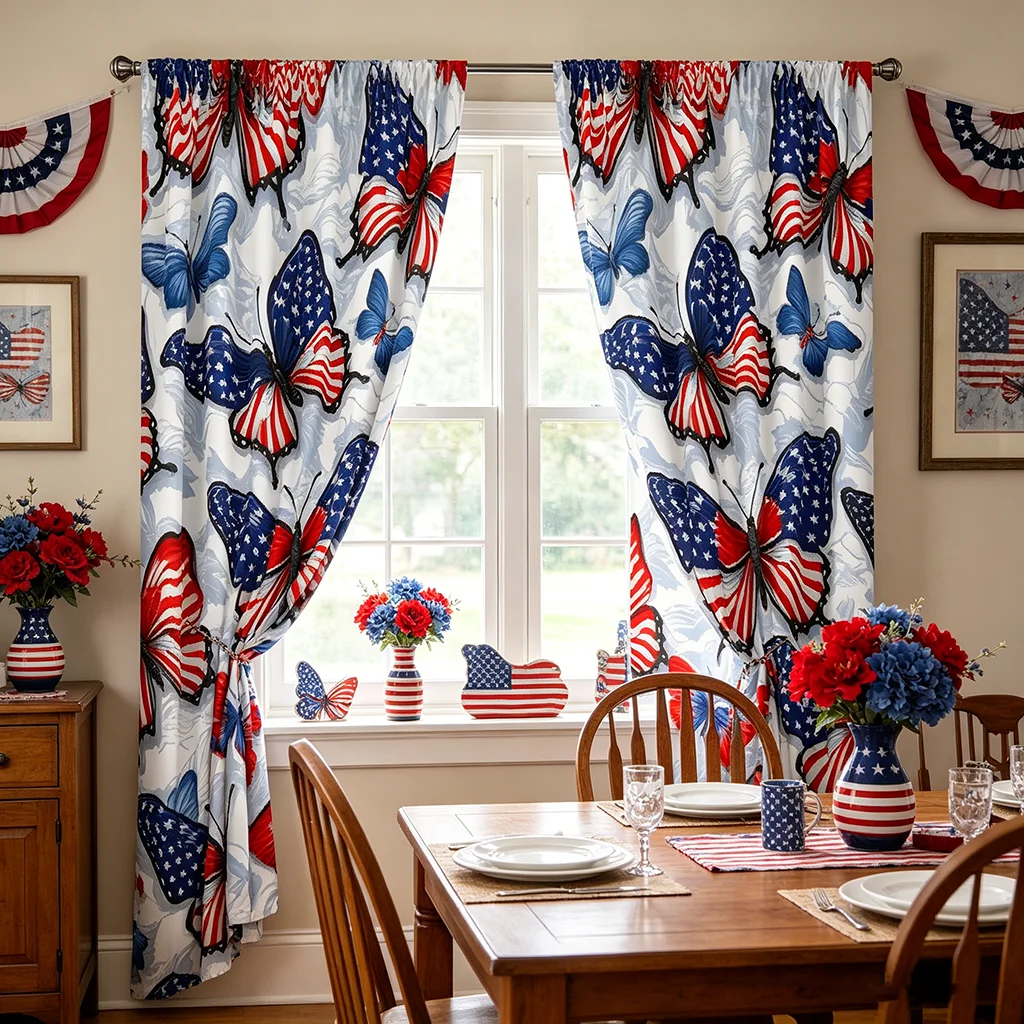 2PCS Independence Day Flag Butterfly Pattern Printed Curtains with Rod Bag Design, Suitable for Bedroom and Living Room