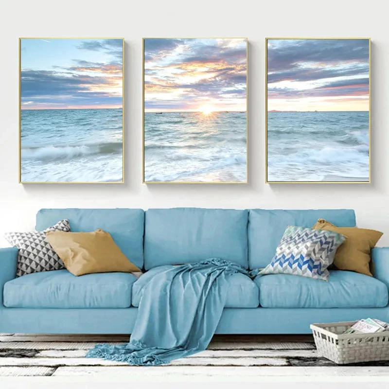 Blue Sea Landscape Sunrise Coastal Mosaic Paintings 3 Piece Full Rhinestone Embroidery Scenery Triptych Kits Wall Decor AA4592