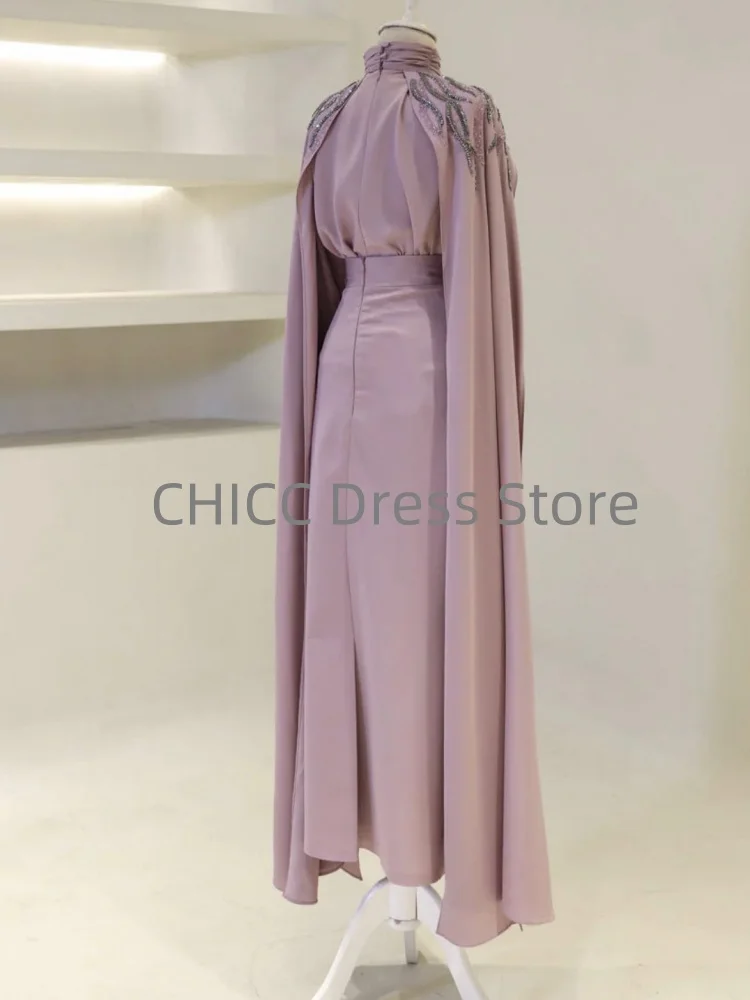 Elegant Muslim Evening Dresses High Neck Long Floating Sleeve Wedding Guests Dress with Beading Pleat Formal Occasion Customized