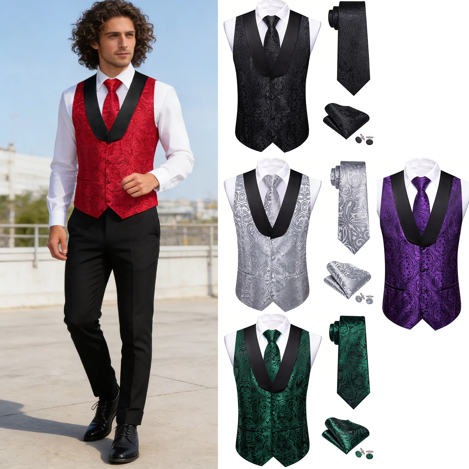 

Red Green Silver Paisley Jacquard Vest Set with Tie, Pocket Square & Cufflinks – Ideal for Weddings, Galas & Formal Evening